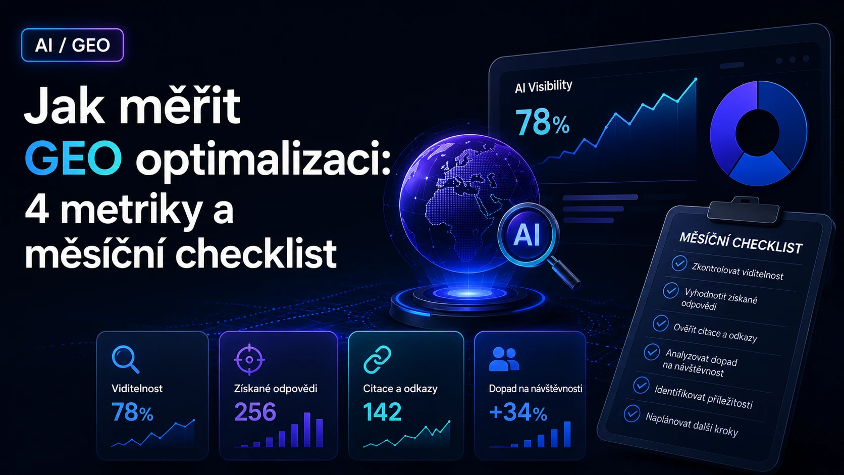 Dashboard s metrikami pro měření GEO optimalizace a viditelnosti v AI vyhledávání